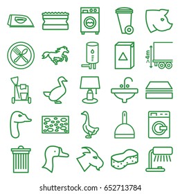 Domestic icons set. set of 25 domestic outline icons such as washing machine, goat, goose, horse, pig, cleaning tools, dustpan, sponge, trash bin, iron, sink, spoon and fork