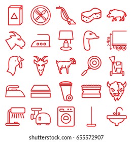 Domestic icons set. set of 25 domestic outline icons such as hog, goat, goose, turkey, cleaning tools, mop, sponge, trash bin, iron, washing machine, vacuum cleaner, sink