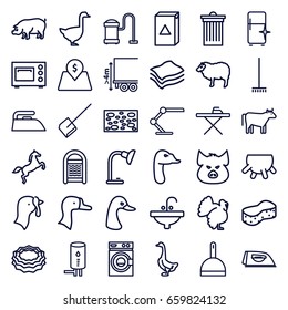 Domestic icons set. set of 36 domestic outline icons such as pig, goose, sheep, turkey, cow, udder, dustpan, broom, sponge, trash bin, ironing table, iron, washing machine