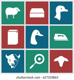 Domestic icons set. set of 9 domestic filled icons such as goat, goose, sheep, sponge, iron, washing machine
