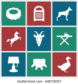 Domestic icons set. set of 9 domestic filled icons such as udder, dog, goat, goose, ironing table, sponge, horse