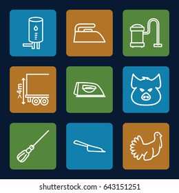 Domestic icons set. set of 9 domestic outline icons such as pig, dustpan, mop, iron, vacuum cleaner, cargo height, turkey