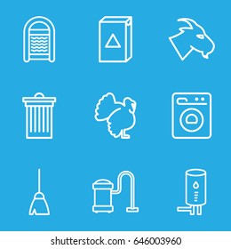 Domestic icons set. set of 9 domestic outline icons such as goat, turkey, broom, trash bin, washing machine, sponge, vacuum cleaner