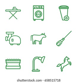 Domestic icons set. set of 9 domestic outline icons such as cow, mop, trash bin, ironing table, sponge, table lamp, meat grinder, washing machine