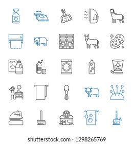 domestic icons set. Collection of domestic with broom, towel, pet shop, iron, cushion, ox, scoop, sink, burner, detergent, washing machine. Editable and scalable domestic icons.