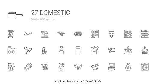 domestic icons set. Collection of domestic with sink, horse, pig, spray bottle, sponge, hamster, ox, detergent, oven, window cleaner, spoon. Editable and scalable domestic icons.