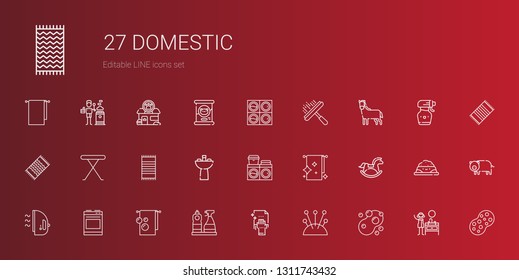 domestic icons set. Collection of domestic with sponge, cushion, cleaning, window cleaner, towel, oven, iron, horse, towels, washing machine. Editable and scalable domestic icons.