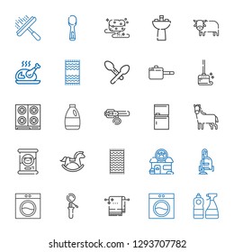 domestic icons set. Collection of domestic with window cleaner, washing machine, towel, scoop, vacuum cleaner, pet shop, horse, cat food. Editable and scalable domestic icons.