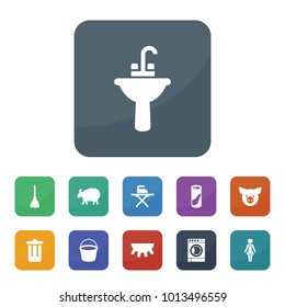 Domestic icons. vector collection filled domestic icons such as sheep, udder, broom, trash bin, cleaning powder, sink, ironing, bucket, washing machine, housewife