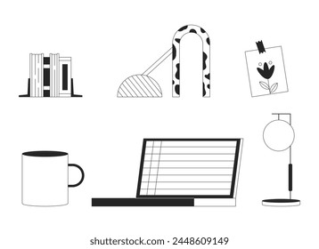 Detalles de la vida doméstica blanco y negro 2D línea de dibujos animados conjunto. Portátil con accesorios de diseño interior aislado contorno de Vector elementos de colección. Ilustraciones monocromáticas de la mancha plana de la decoración casera