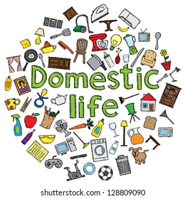 Domestic life vector illustration with several home related doodles.