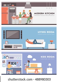 Domestic lifestyle and room interiors banners set with people: kitchen, living room and kids bedroom