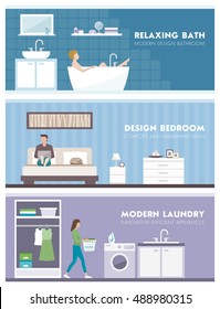 Domestic lifestyle and room interiors banners set with people: bathroom, bedroom and laundry room