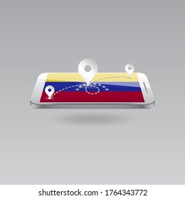 Domestic, local tourism in their own country. Icons and travel route on the national flag of VENEZUELA in a mobile phone. Recreation, entertainments, cruises, walks, routes in a place of residence. 