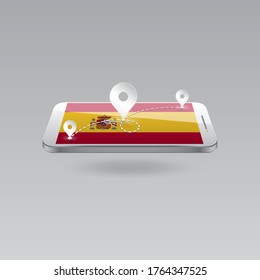 Domestic, local tourism in their own country. Icons and travel route on the national flag of SPAIN in a mobile phone. Recreation, entertainments, excursions, cruises, routes in a place of residence.