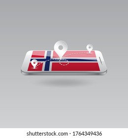 Domestic, local tourism in their own country. Icons and travel route on the national flag of NORWAY in a mobile phone. Recreation, entertainments, excursions, cruises, routes in a place of residence.