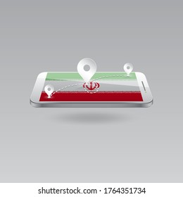 Domestic, local tourism in their own country. Icons and travel route on the national flag of IRAN in a mobile phone. Recreation, entertainments, excursions, cruises, routes in a place of residence.