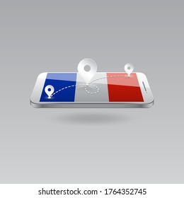 Domestic, local tourism in their own country. Icons and travel route on the national flag of FRANCE in a mobile phone. Recreation, entertainments, excursions, cruises, routes in a place of residence.