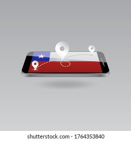 Domestic, local tourism in their own country. Icons and travel route on the national flag of CHILE in a mobile phone. Recreation, entertainments, excursions, cruises, routes in a place of residence.