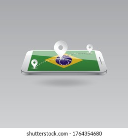 Domestic, local tourism in their own country. Icons and travel route on the national flag of BRAZIL in a mobile phone. Recreation, entertainments, excursions, cruises, routes in a place of residence.