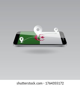 Domestic, local tourism in their own country. Icons and travel route on the national flag of ALGERIA in a mobile phone. Recreation, entertainments, excursions, cruises, routes in a place of residence.