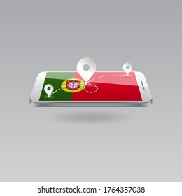 Domestic, local tourism in their own country. Icons and travel route on the national flag of PORTUGAL in a mobile phone. Recreation, entertainments, routes in a place of residence.