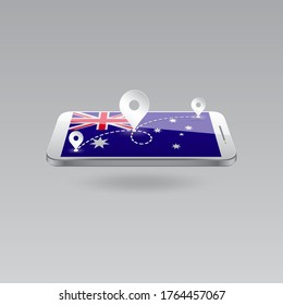 Domestic, Local Tourism In Their Own Country. Icons And Travel Route On The National Flag Of AUSTRALIA In A Mobile Phone. Recreation, Entertainments, Routes In A Place Of Residence.