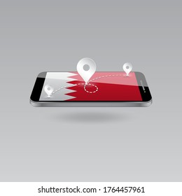 Domestic, local tourism in their own country. Icons and travel route on the national flag of BAHRAIN in a mobile phone. Recreation, entertainments, routes in a place of residence.