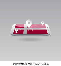 Domestic, local tourism in their own country. Icons and travel route on the national flag of DENMARK in a mobile phone. Recreation, entertainments, routes in a place of residence.