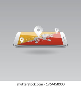 Domestic, local tourism in their own country. Icons and travel route on the national flag of BHUTAN in a mobile phone. Recreation, entertainments, routes in a place of residence.
