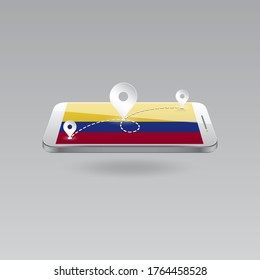 Domestic, local tourism in their own country. Icons and travel route on the national flag of COLOMBIA in a mobile phone. Recreation, entertainments, routes in a place of residence.