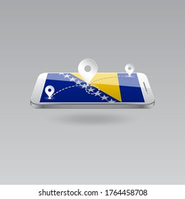Domestic, local tourism in their own country. Icons and travel route on the national flag of BOSNIA AND HERZEGOVINA in a mobile phone. Recreation, entertainments, routes in a place of residence.