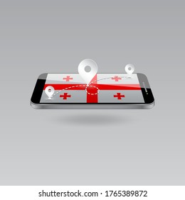 Domestic, local tourism in their own country. Icons and travel route on the national flag of GEORGIA in a mobile phone. Recreation, entertainments, routes in a place of residence.