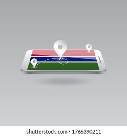Domestic, local tourism in their own country. Icons and travel route on the national flag of GAMBIA in a mobile phone. Recreation, entertainments, routes in a place of residence.