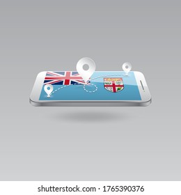 Domestic, local tourism in their own country. Icons and travel route on the national flag of FIJI in a mobile phone. Recreation, entertainments, routes in a place of residence.