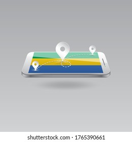 Domestic, local tourism in their own country. Icons and travel route on the national flag of GABON in a mobile phone. Recreation, entertainments, routes in a place of residence.