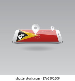 Domestic, local tourism in their own country. Icons and travel route on the national flag of EAST TIMOR in a mobile phone. Recreation, entertainments, routes in a place of residence.