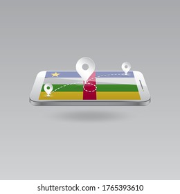 Domestic, local tourism in their own country. Icons and travel route on the national flag of CENTRAL AFRICAN REPUBLIC in a mobile phone. Recreation, entertainments, routes in a place of residence.