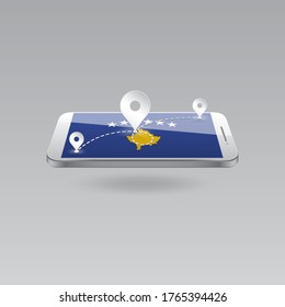 Domestic, local tourism in their own country. Icons and travel route on the national flag of REPUBLIC OF KOSOVO in a mobile phone. Recreation, entertainments, routes in a place of residence.