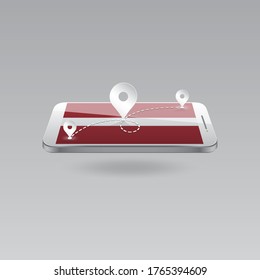 Domestic, local tourism in their own country. Icons and travel route on the national flag of LATVIA in a mobile phone. Recreation, entertainments, routes in a place of residence.