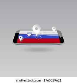 Domestic, local tourism in their own country. Icons and travel route on the national flag of SLOVENIA in a mobile phone. Recreation, entertainments, routes in a place of residence.