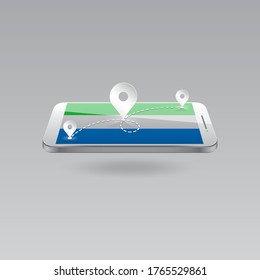 Domestic, local tourism in their own country. Icons and travel route on the national flag of SIERRA LEONE in a mobile phone. Recreation, entertainments, routes in a place of residence.