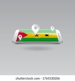Domestic, local tourism in their own country. Icons and travel route on the national flag of SAO TOME AND PRINCIPE in a mobile phone. Recreation, entertainments, routes in a place of residence.