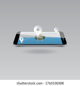 Domestic, local tourism in their own country. Icons and travel route on the national flag of SAN MARINO in a mobile phone. Recreation, entertainments, routes in a place of residence.