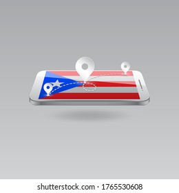 Domestic, local tourism in their own country. Icons and travel route on the national flag of PUERTO RICO in a mobile phone. Recreation, entertainments, routes in a place of residence.