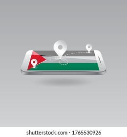Domestic, local tourism in their own country. Icons and travel route on the national flag of PALESTINE in a mobile phone. Recreation, entertainments, routes in a place of residence.