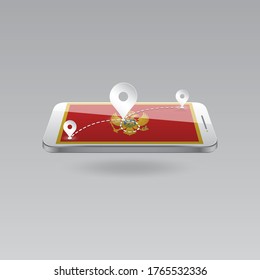 Domestic, local tourism in their own country. Icons and travel route on the national flag of MONTENEGRO in a mobile phone. Recreation, entertainments, routes in a place of residence.