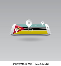 Domestic, local tourism in their own country. Icons and travel route on the national flag of MOZAMBIQUE in a mobile phone. Recreation, entertainments, routes in a place of residence.