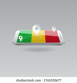 Domestic, local tourism in their own country. Icons and travel route on the national flag of MALI in a mobile phone. Recreation, entertainments, routes in a place of residence.