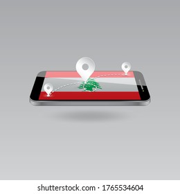Domestic, local tourism in their own country. Icons and travel route on the national flag of LEBANON in a mobile phone. Recreation, entertainments, routes in a place of residence. 